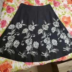 Black and white embroidered A-line skirt